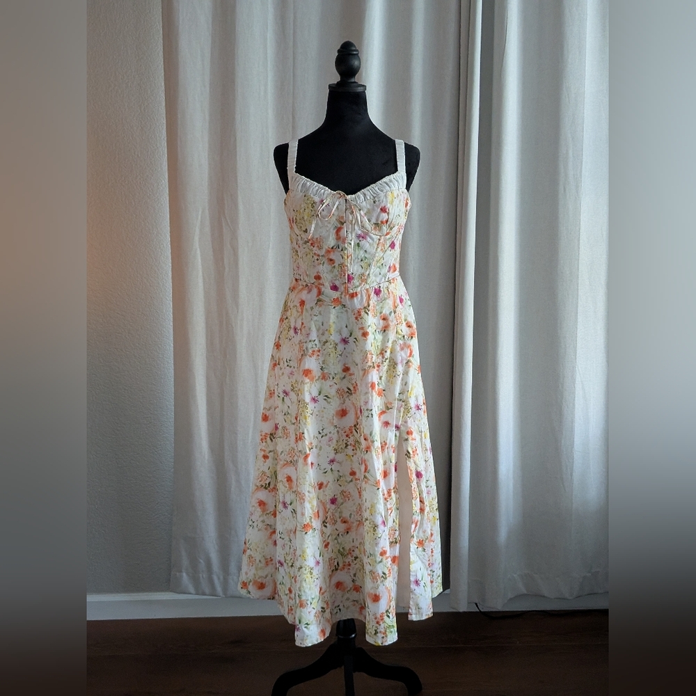 Astr Floral Midi Dress in Cream and Orange